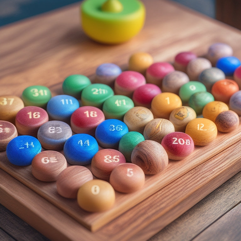 A wooden math board with 10 numbered columns, colorful counting beads, and movable number tiles, set against a natural wood grain or light-colored background, with a subtle shadow effect.