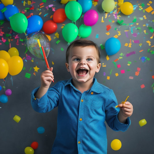 A colorful illustration of a smiling child surrounded by math symbols, confetti, and balloons, holding a pencil and worksheet with a subtle chalkboard background.