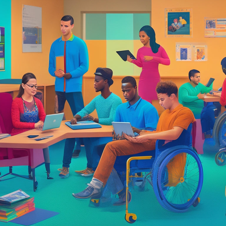 A colorful illustration of diverse students with disabilities surrounded by laptops, tablets, and assistive devices, interacting with virtual learning platforms and digital tools in a bright, inclusive classroom setting.