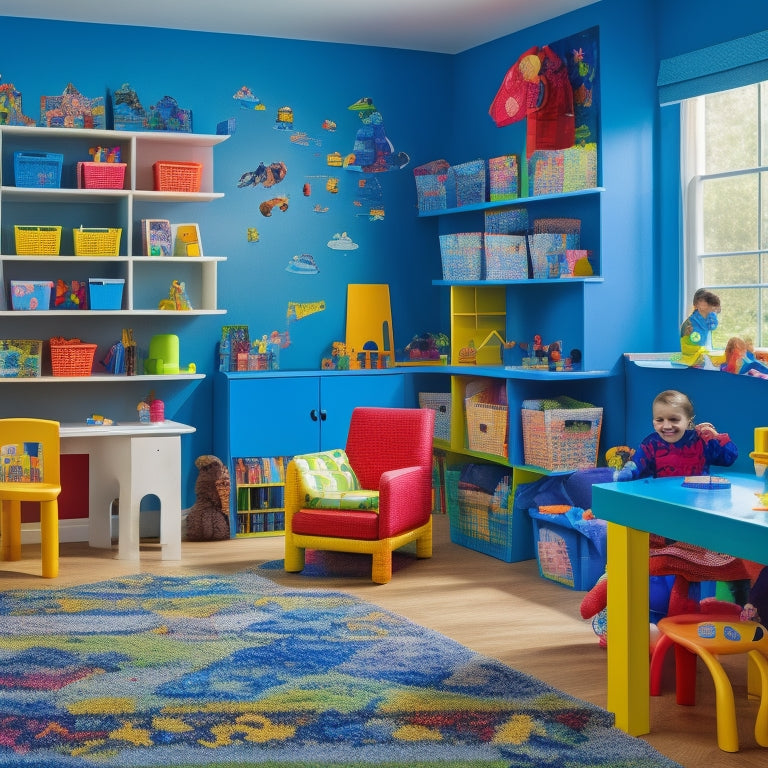 A colorful, clutter-free playroom with diverse children (ages 4-10) engaging with educational toys: building blocks, puzzles, science kits, and board games, surrounded by inspirational quotes on wall decals.