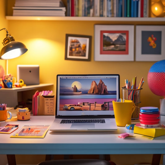 A warm and organized home workspace with a laptop, comfortable chair, and good lighting, surrounded by colorful sticky notes, a calendar, and a few favorite toys or mementos.