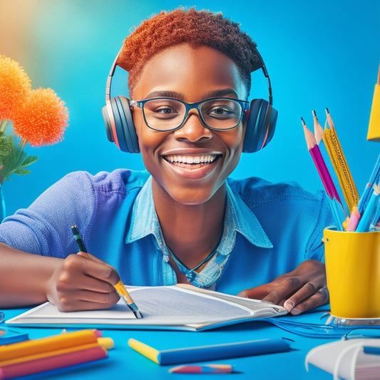 A vibrant illustration of a smiling student sitting at a desk, surrounded by colorful math textbooks, worksheets, and pencils, with a futuristic tablet and headphones in the foreground, set against a bright blue background.