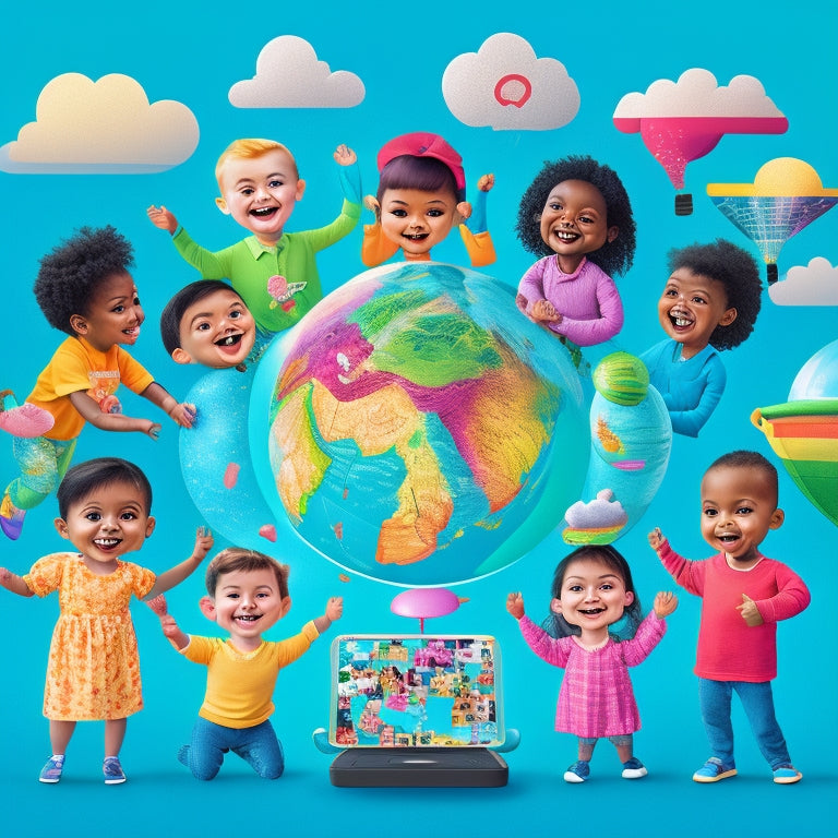 A colorful illustration of a globe surrounded by diverse, smiling cartoon children, each holding a tablet or smartphone, with speech bubbles containing icons of popular language learning apps.