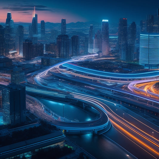 A futuristic cityscape at dusk, with sleek skyscrapers, neon-lit roads, and a network of glowing blue circuits and wires crisscrossing the landscape, symbolizing innovation and technological advancement.
