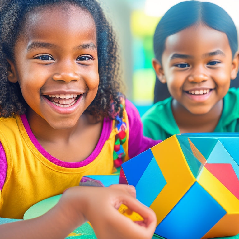 A bright, colorful illustration of a smiling 2nd-grade student surrounded by interactive math tools, such as a touchscreen tablet, geometric shape blocks, and a math-themed puzzle on a wooden table.