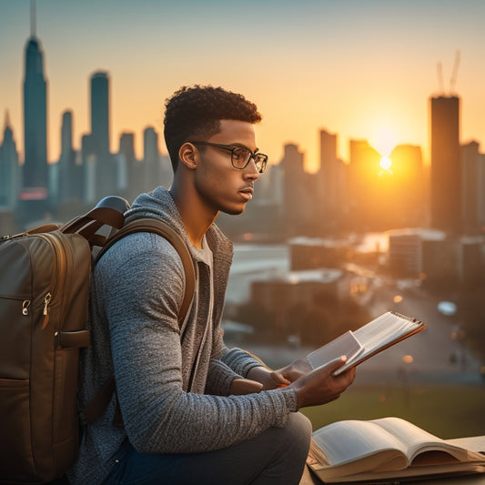 A young adult, early 20s, with a backpack and laptop, standing in front of a city skyline at sunset, looking out at the viewer with a determined expression, surrounded by scattered college books and papers.