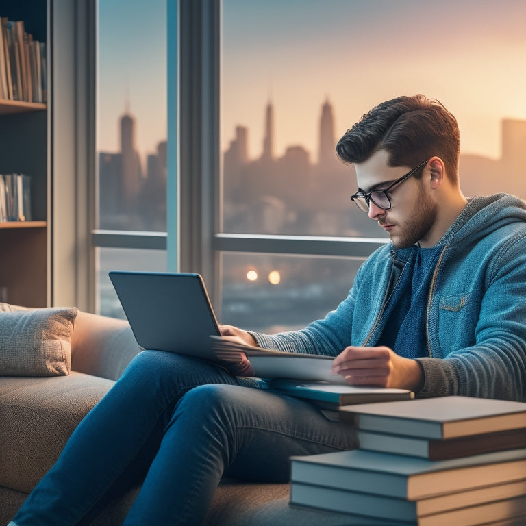 A illustration of a young student sitting comfortably on a couch, surrounded by tablets and e-readers, with a cityscape or bookshelves blurred in the background, focusing on the student's engaged expression.