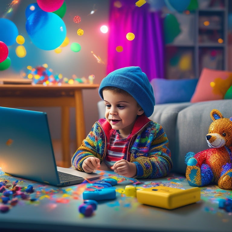 Illustrate a whimsical, colorful scene of a child sitting in a cozy home environment surrounded by laptops, tablets, and educational games on screens, with virtual confetti and sparks flying around.