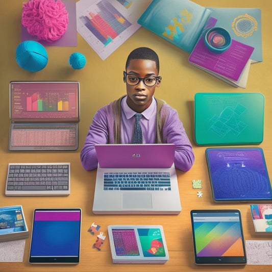 A colorful illustration of a student surrounded by tablets and laptops, each displaying different math practice apps, with equations, graphs, and puzzles floating around them.
