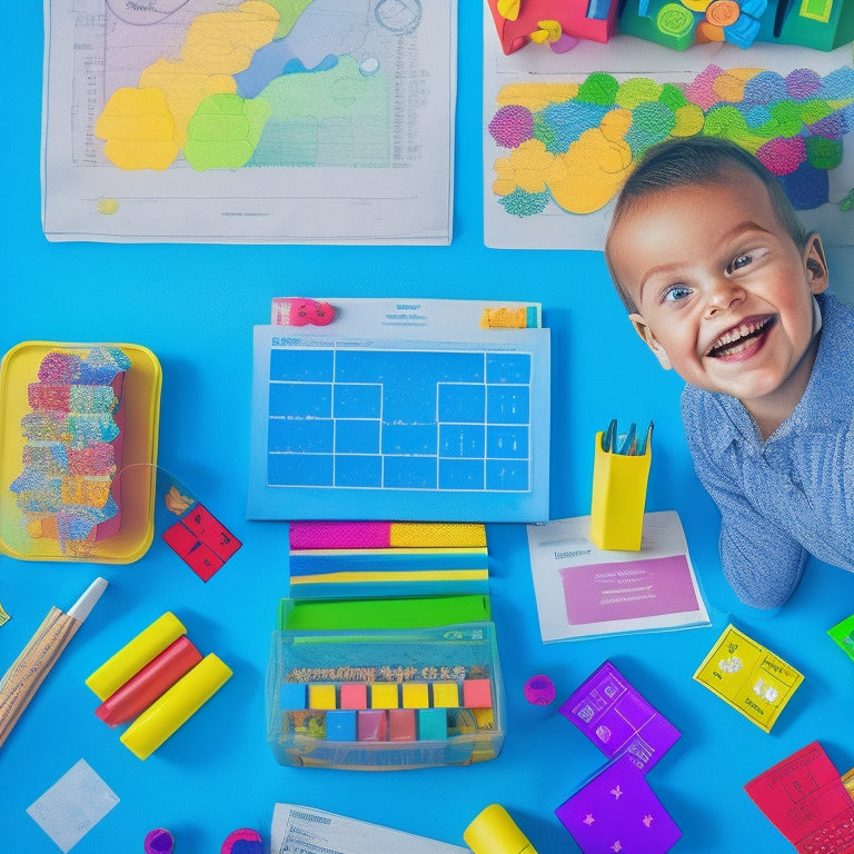 A colorful illustration of a happy, curious grade 1 student surrounded by scattered math worksheets, pencils, and calculators, with thought bubbles containing numbers and basic math operations.