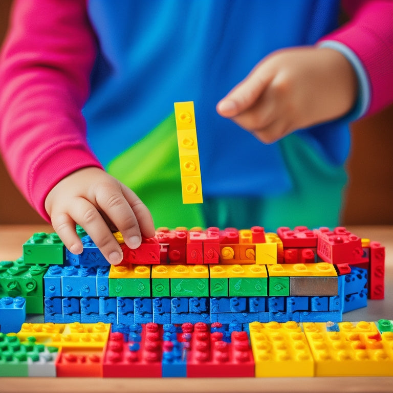 A colorful background with a mix of Lego bricks and math symbols, featuring a happy child's hand holding a Lego-built math problem, surrounded by scattered Lego pieces and math worksheets.