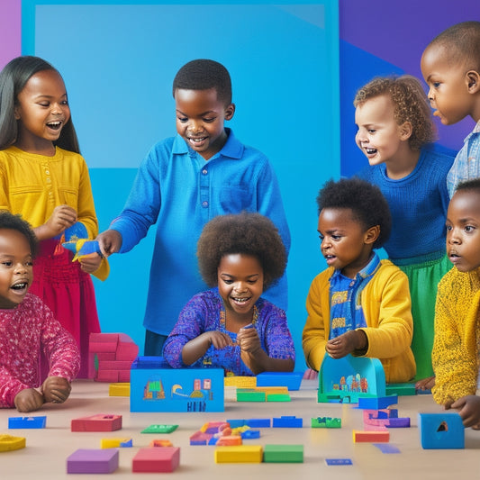 A colorful illustration of diverse children gathered around a digital interactive whiteboard, surrounded by math-themed blocks, shapes, and manipulatives, with joyful expressions and engaged body language.
