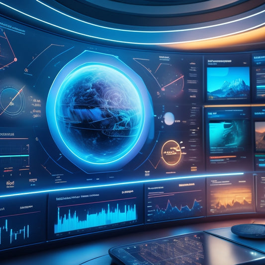 A futuristic dashboard displaying various math-related graphs, charts, and diagrams on a large screen, surrounded by orbiting 3D shapes and subtle mathematical symbols in the background.