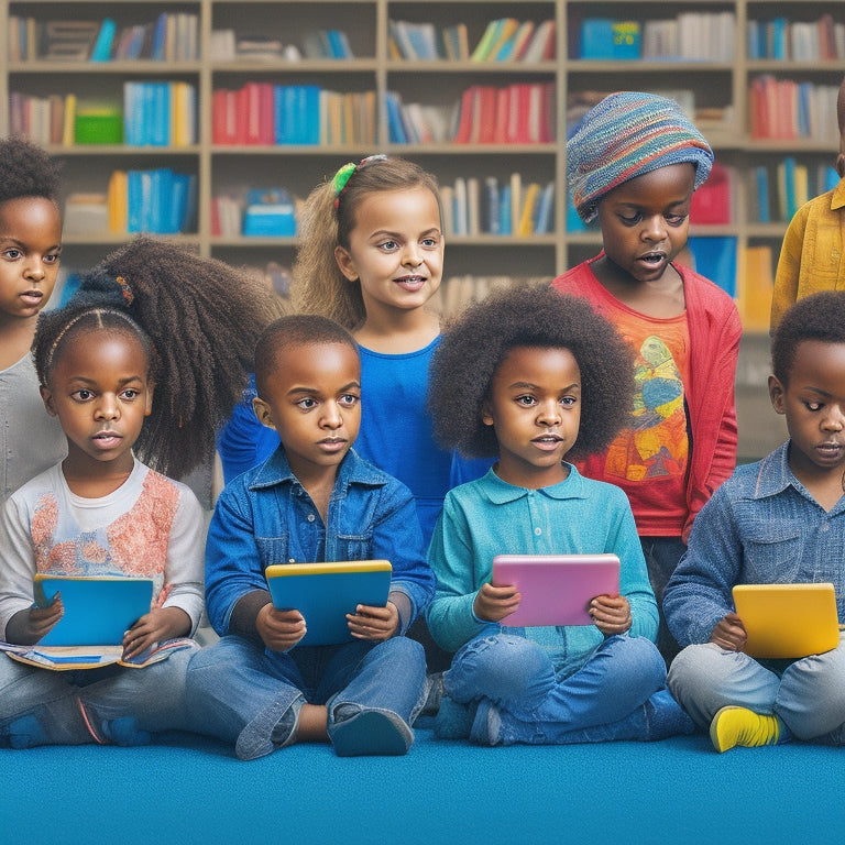 A colorful illustration of a diverse group of children aged 4-10, from different ethnic backgrounds, engaged in various literacy activities on tablets and laptops, surrounded by books and alphabet blocks.