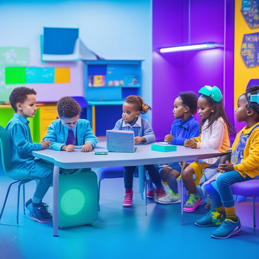 A colorful, futuristic classroom with diverse kids aged 6-12, surrounded by interactive gadgets, robots, and virtual reality headsets, engaged in collaborative learning activities and experiments.