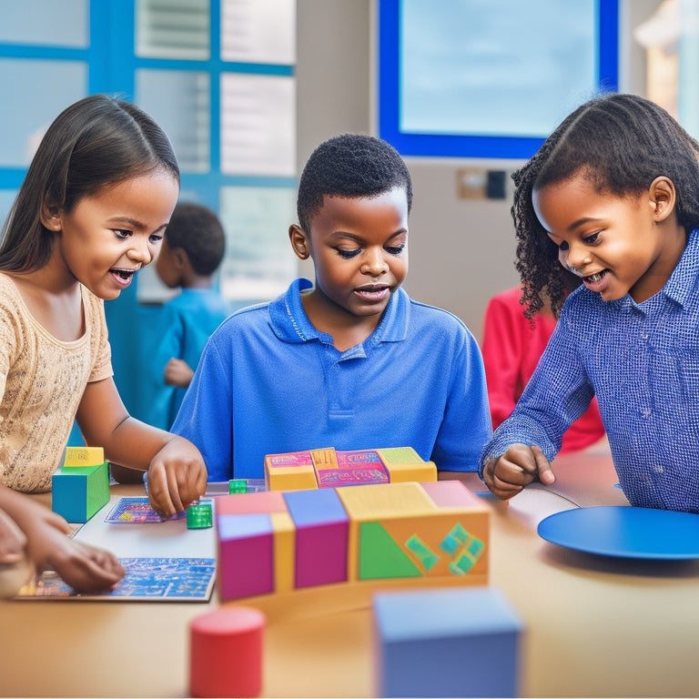 A colorful, lively illustration of diverse elementary students engaged in various interactive math games, surrounded by puzzles, blocks, and geometric shapes, with a subtle hint of a digital tablet in the background.