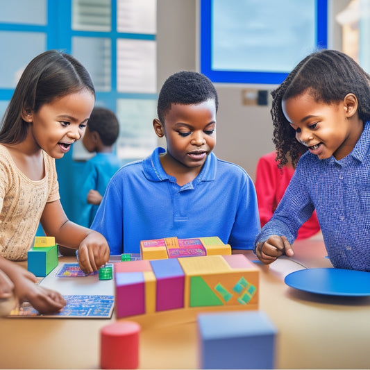 A colorful, lively illustration of diverse elementary students engaged in various interactive math games, surrounded by puzzles, blocks, and geometric shapes, with a subtle hint of a digital tablet in the background.