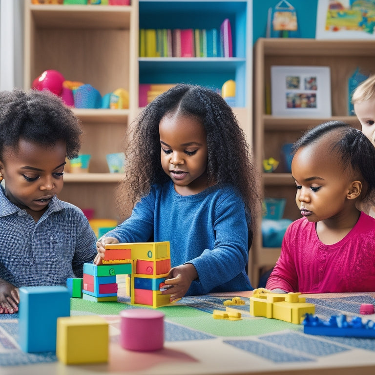 A colorful, clutter-free playroom scene featuring a diverse group of children (ages 4-8) engaging with various math-based toys, blocks, and puzzles, surrounded by subtle mathematical symbols and shapes.