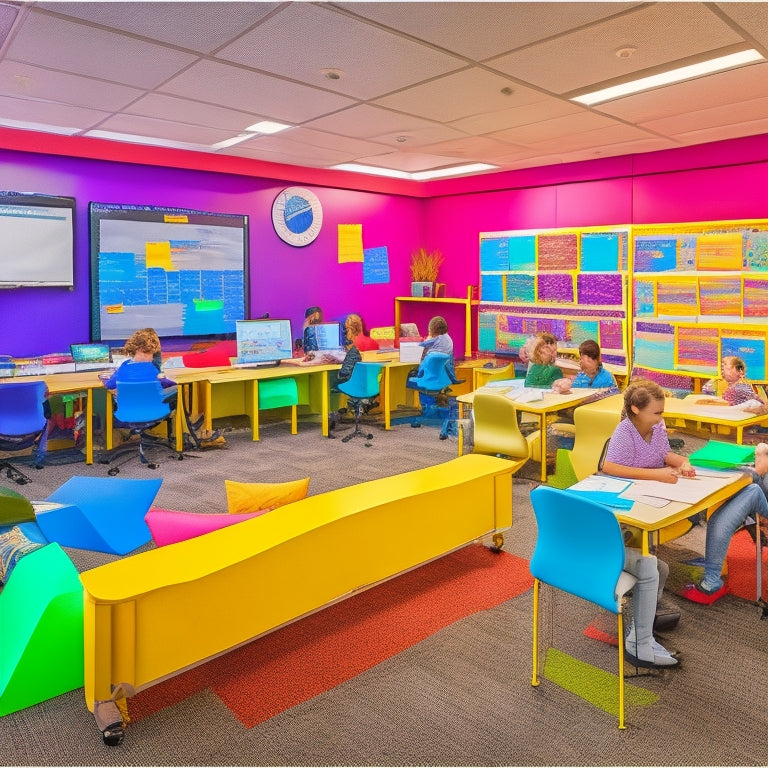 A vibrant, modern classroom with diverse students engaged in collaborative activities, surrounded by colorful sticky notes, laptops, and interactive whiteboards, with a 3D printer and a robot in the background.