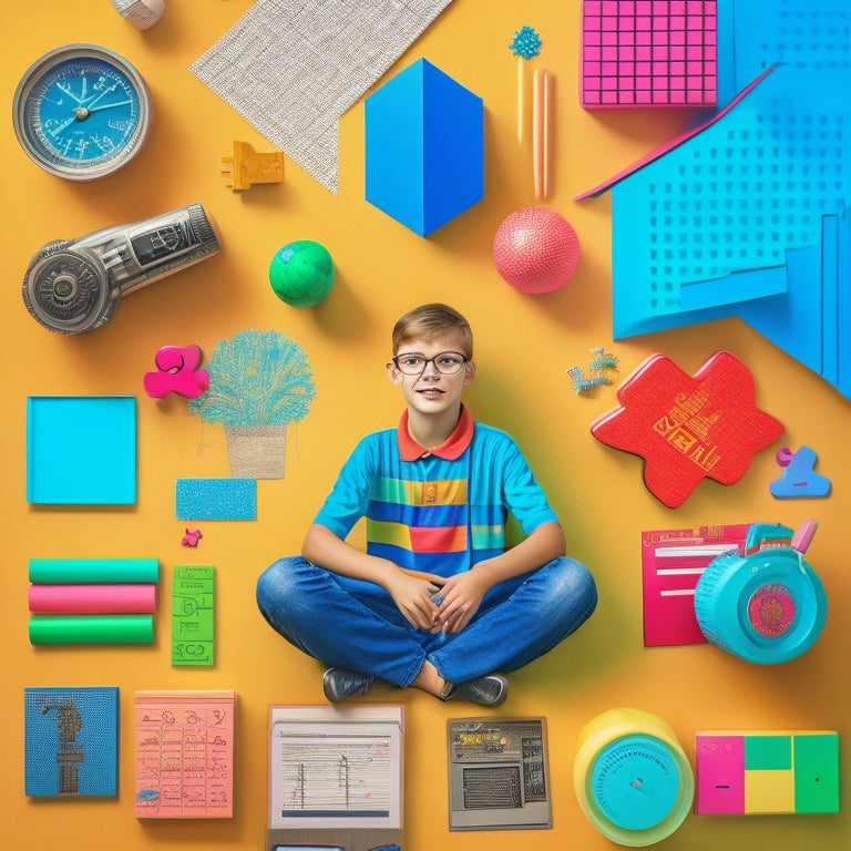 A colorful, clutter-free illustration of a 6th grader surrounded by math-themed objects, such as calculators, geometric shapes, and puzzle pieces, with a subtle background of math problems solved correctly.