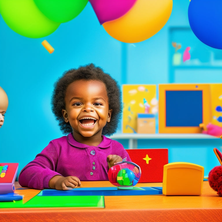 A colorful illustration of a smiling preschooler surrounded by various digital devices, with math-related icons and shapes floating around, amidst a subtle background of a virtual chalkboard or learning environment.