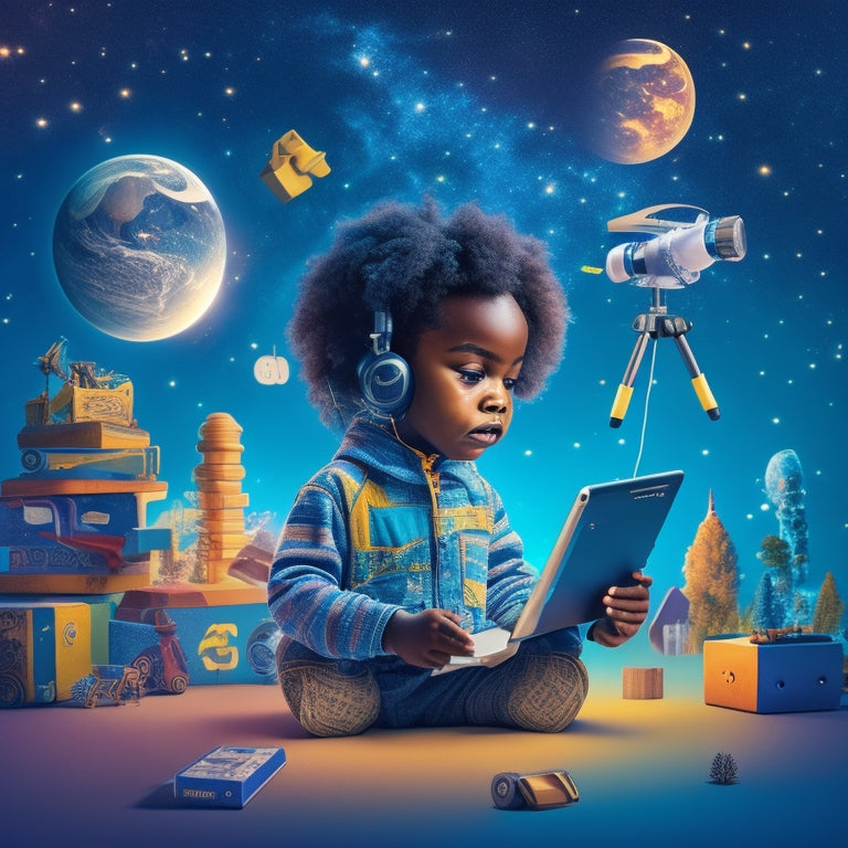 A vibrant, whimsical illustration of a young child surrounded by virtual learning tools, including a tablet with coding blocks, a robot, and a virtual microscope, set against a bright, starry night sky.