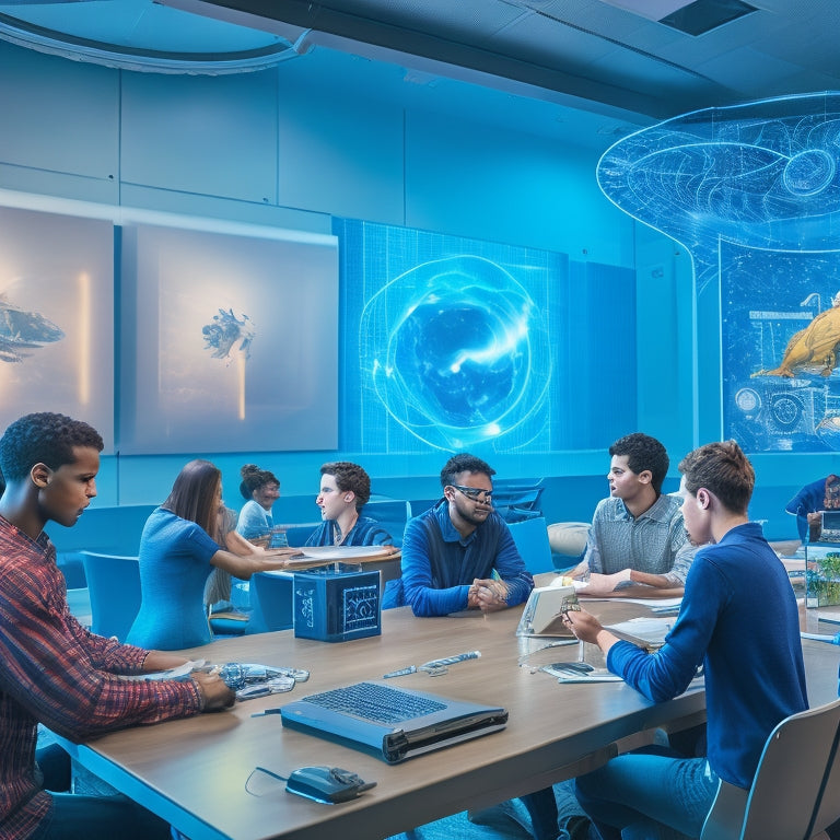 A futuristic classroom with 3D printers, laser cutters, and robotic arms, surrounded by diverse students in virtual reality headsets, collaborating on innovative projects amidst a swirling vortex of code and circuitry.