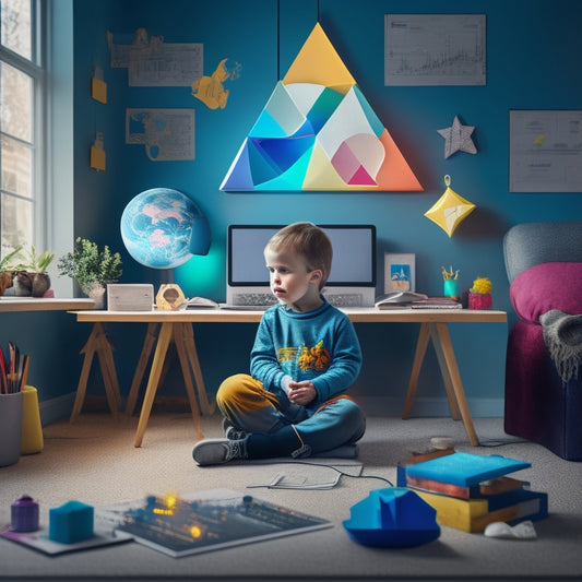 A colorful illustration of a child sitting at a desk surrounded by various digital devices, with mathematical formulas and shapes floating out of the screens, amidst a subtle background of a house or a cozy room.