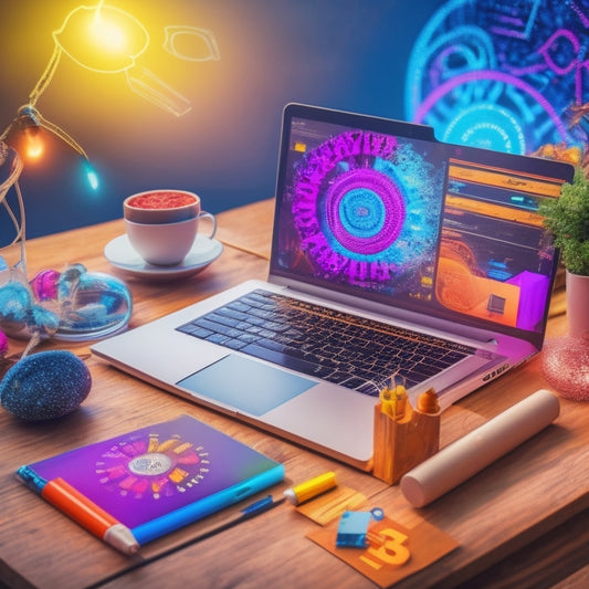 A colorful, modern illustration featuring a laptop surrounded by math-related icons (gears, charts, protractors) with swirling, glowing lines and shapes, symbolizing online learning and skill enhancement.