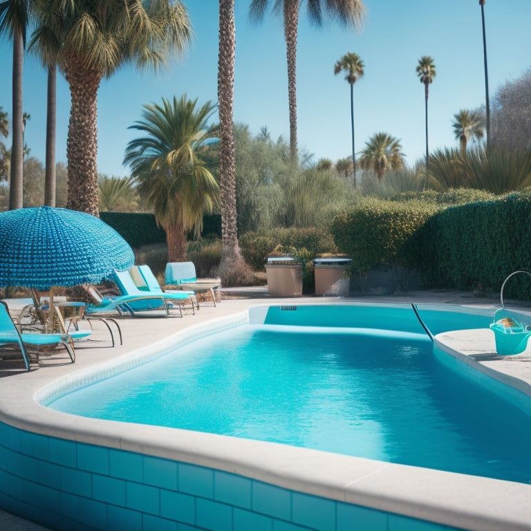 A serene, turquoise pool surrounded by sun-kissed lounge chairs and palm trees, juxtaposed with a broken pool pump, tangled hoses, and a trash can overflowing with debris in the background.