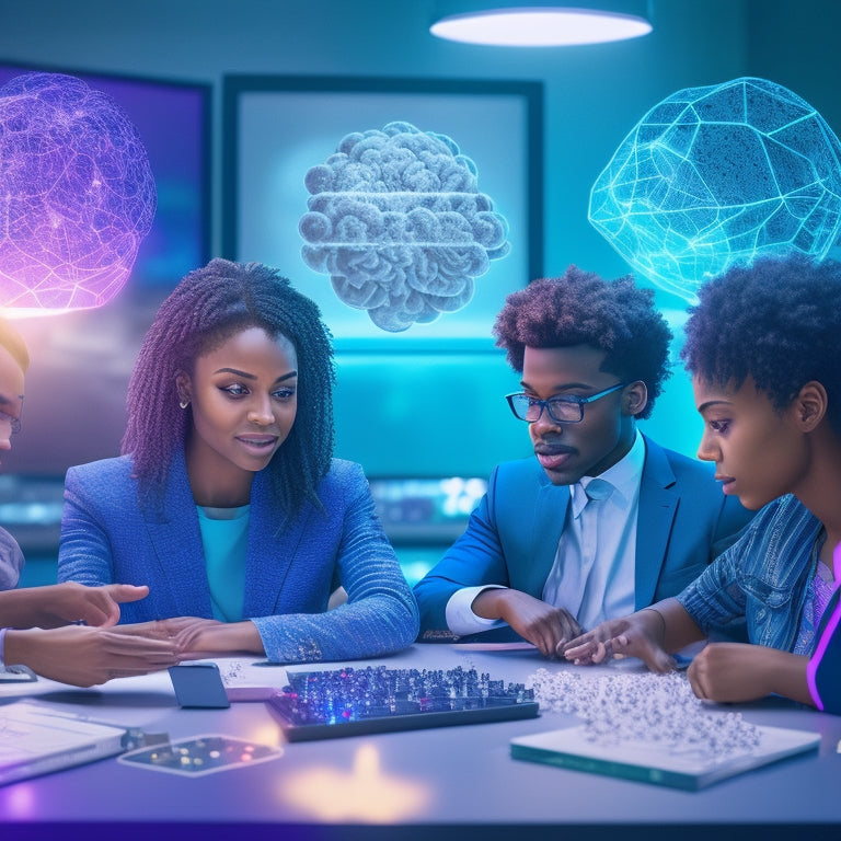 A futuristic virtual classroom with 3D avatars of diverse students engaged in a puzzle, surrounded by floating brain icons, gears, and thought bubbles, set against a neon-lit cityscape background.