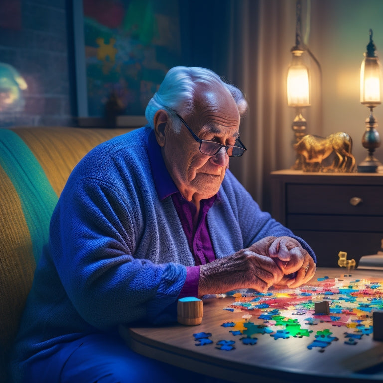 An illustration of a serene, elderly adult sitting comfortably, surrounded by puzzle pieces, brain teasers, and game boards, with a subtle, glowing light emanating from their brain, symbolizing cognitive stimulation.