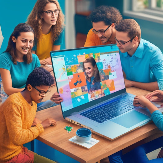 An illustration of a laptop open to a virtual whiteboard, with a student and tutor avatars interacting, surrounded by math problems and solutions, amidst a subtle background of puzzle pieces coming together.