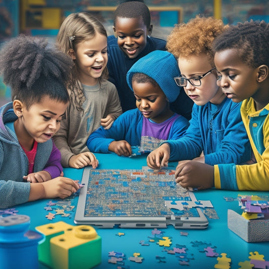 A colorful illustration featuring a group of diverse children aged 6-12, engaged in various critical thinking activities, surrounded by tablets and laptops with puzzle pieces, gears, and brain icons.