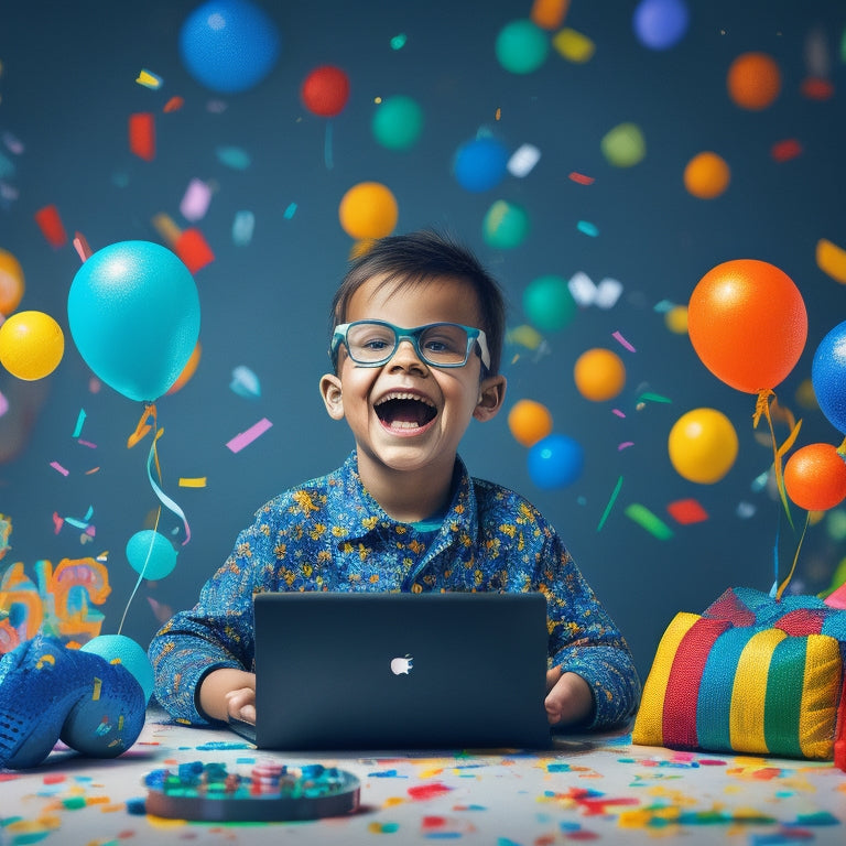 A colorful illustration featuring a happy, curious kid surrounded by floating math symbols, shapes, and icons from popular online games, with a laptop and tablet in the background, amidst confetti and balloons.