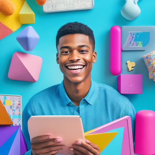 An illustration of a smiling dyslexic student surrounded by colorful math-related objects, such as puzzle pieces, geometric shapes, and a tablet with a math app open, amidst a calming background of pastel colors.