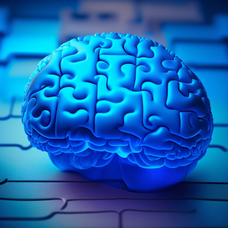 An illustration of a puzzle piece fitting into a brain, surrounded by swirling math symbols and formulas in shades of blue, with a subtle grid background and soft, glowing light effects.