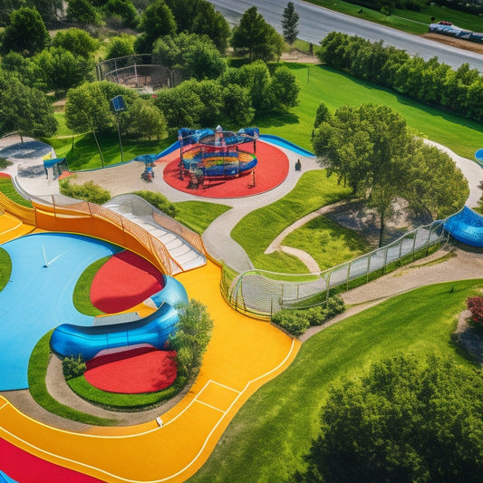 A sun-drenched aerial view of a vibrant playground featuring a sprawling Victory Field Delight structure with colorful slides, rope climbs, and a majestic curvaceous bridge surrounded by lush greenery.