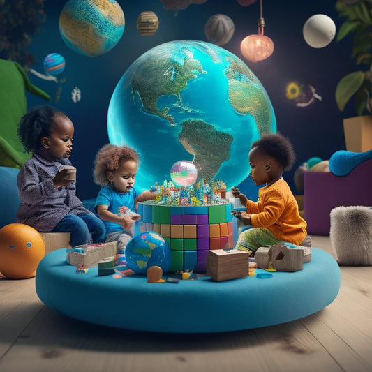 A whimsical illustration of a diverse group of toddlers gathered around a virtual globe, surrounded by floating blocks, toys, and learning tools, with subtle digital sparks and glowing connections.