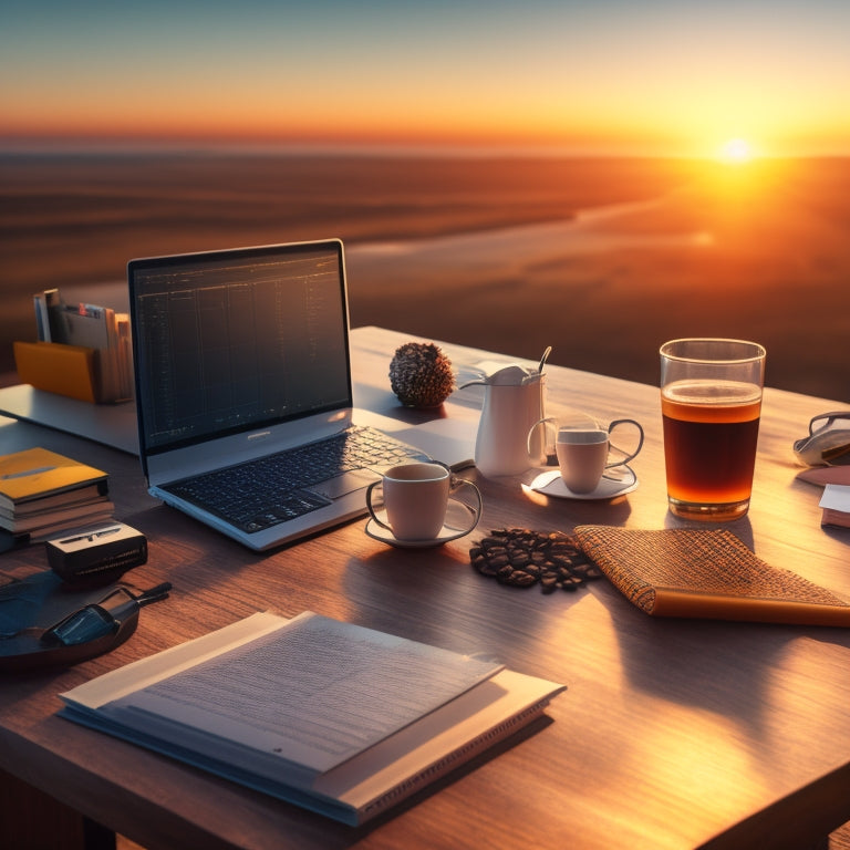 A futuristic, minimalist desk with a laptop, surrounded by scattered math textbooks, calculators, and a few scattered coffee cups, set against a warm, sunset-inspired background with subtle grid patterns.