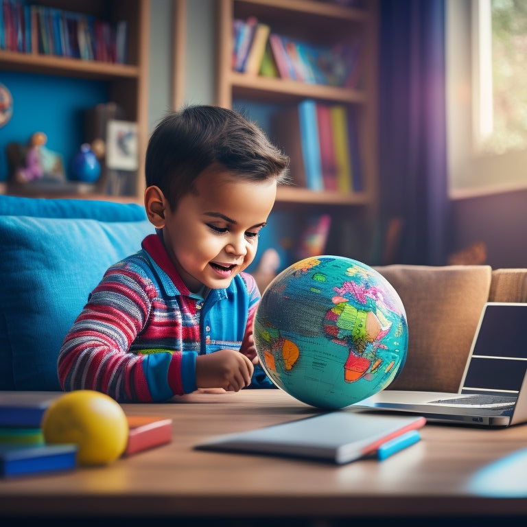 A colorful illustration of a young child sitting in front of a laptop, surrounded by books, toys, and a globe, with a happy and engaged expression, in a cozy and organized home learning environment.