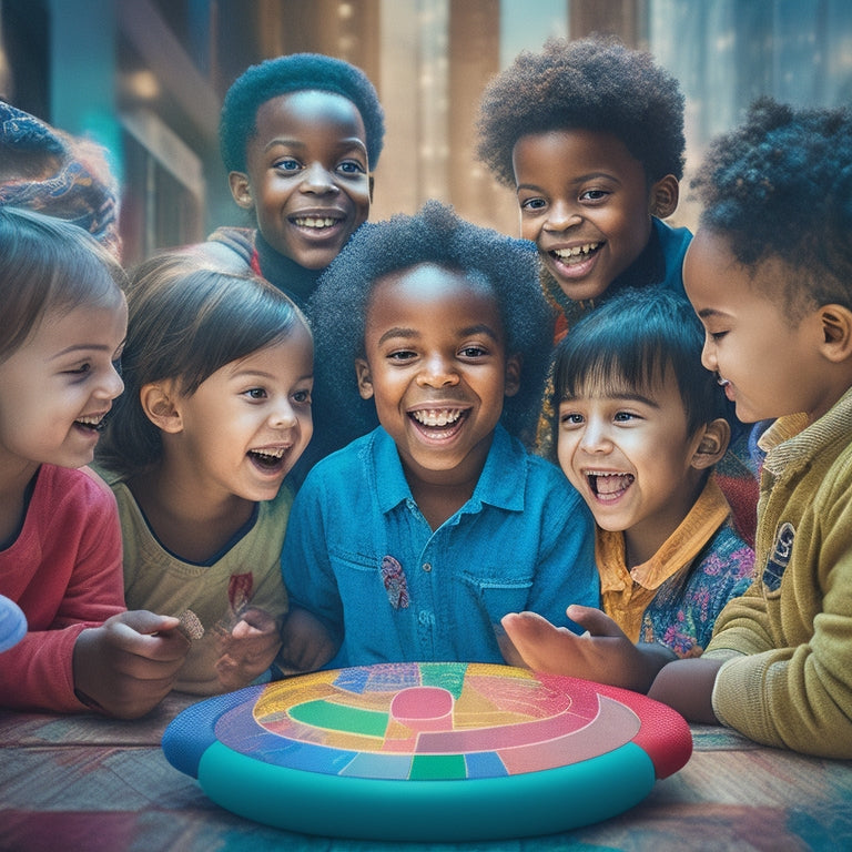 A colorful illustration of a cheerful, diverse group of children (ages 4-10) gathered around a large, glowing tablet, surrounded by speech bubbles in various languages and joyful, expressive faces.