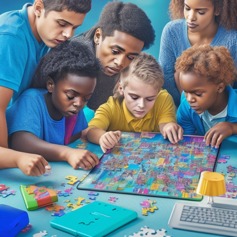 A colorful illustration of a diverse group of students with varying attention deficit hyperactivity disorder (ADHD) traits, surrounded by puzzle pieces, brain teasers, and educational video games on tablets and laptops.