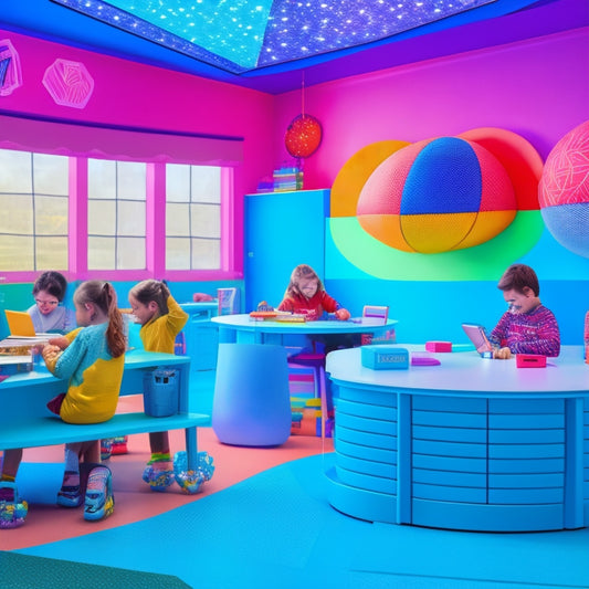 A colorful illustration of an elementary school classroom where students engage with digital math tools on tablets and laptops, surrounded by math-inspired decorations and a bright, futuristic atmosphere.
