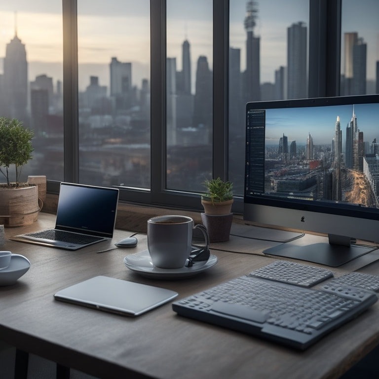 A modern, minimalist workspace with a laptop, notebook, and cup of coffee, surrounded by subtle hints of cityscape and industry, such as skyscrapers, gears, or circuit boards in the background.