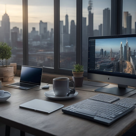 A modern, minimalist workspace with a laptop, notebook, and cup of coffee, surrounded by subtle hints of cityscape and industry, such as skyscrapers, gears, or circuit boards in the background.