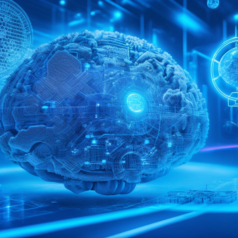 A futuristic, high-tech background with glowing blue circuits and wires. A 3D model of a human brain with gears, cogs, and mathematical symbols integrated into its structure, surrounded by orbiting digital tools and icons.