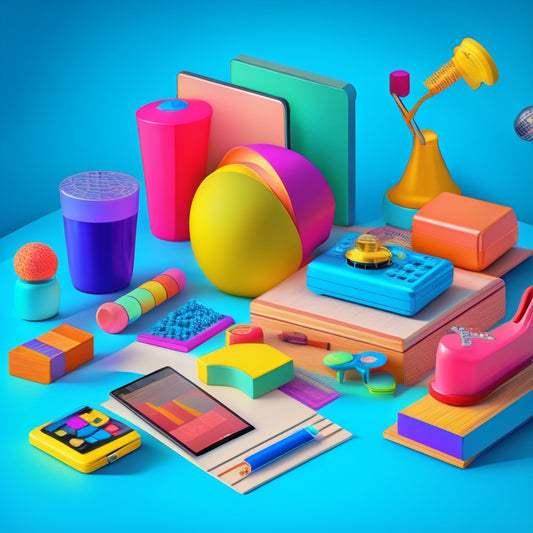 A colorful digital illustration of a virtual classroom with various math toys and instruments, such as geometric shapes, abacuses, and measuring tools, floating around a laptop and tablet screens.