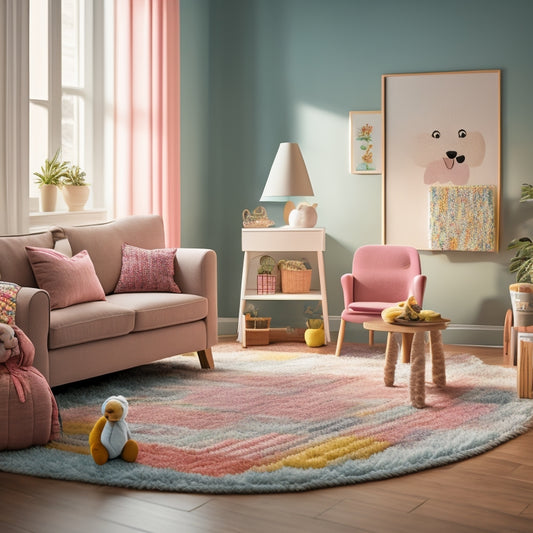 A warm and inviting living room with a playful kid's corner, featuring a mini table with colorful blocks, a few stuffed animals, and a soft, pastel-hued area rug, surrounded by natural light.