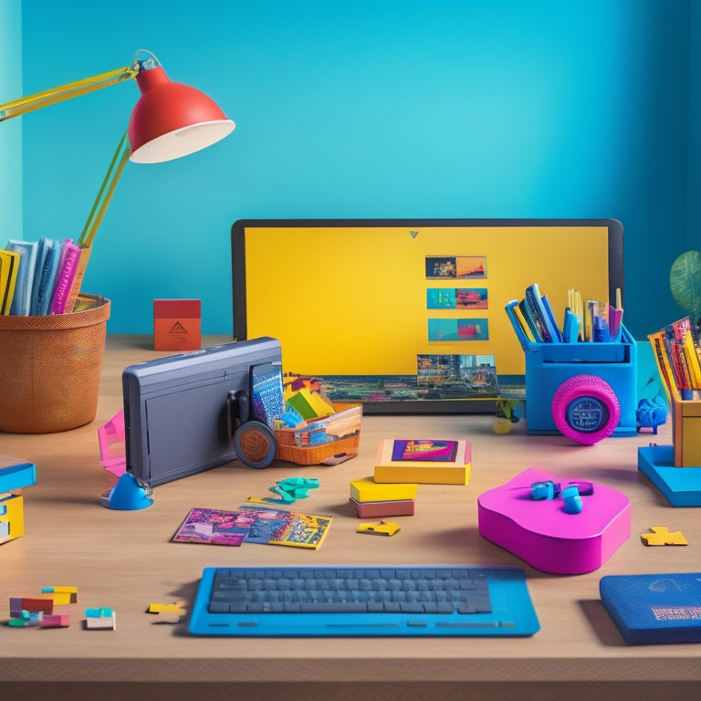 A colorful, clutter-free desk with a laptop, a tablet, and a few educational toys, such as building blocks, a microscope, and a puzzle, surrounded by a subtle virtual reality headset and a few books.